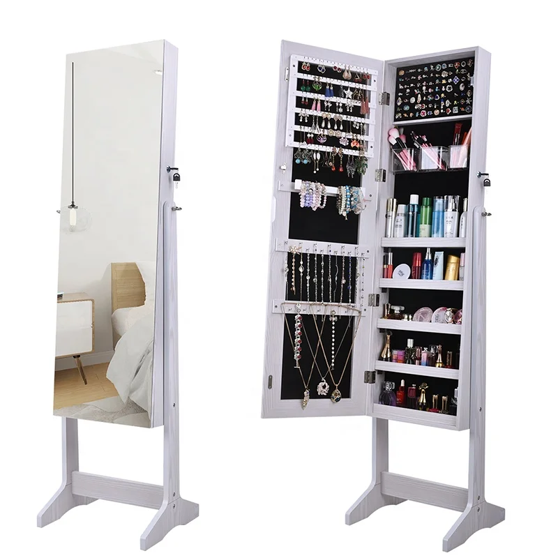 White Framed Wooden Fixed Floor Mirror Jewelry Cabinet