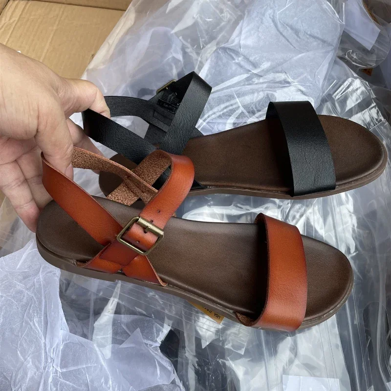 Leather Sandals for Women 2021 New Flat with Casual Beach Sandalias Mujer Plus Size 41 Gladiator Summer Shoes Woman Wholesale