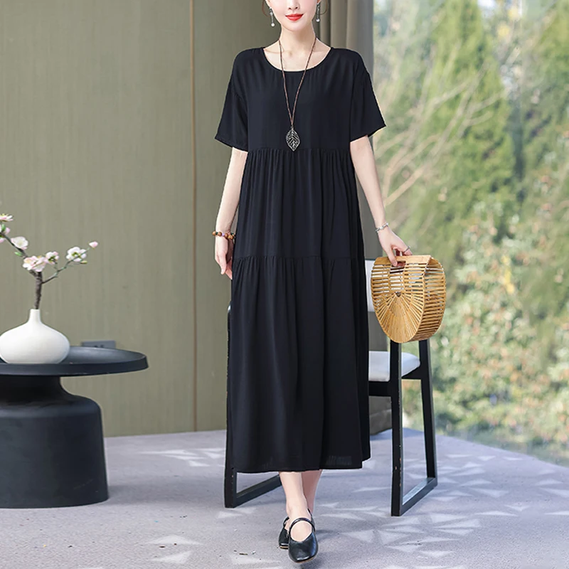 New Arrival 2022 Summer Dress Loose O-neck Casual Cotton Women Clothing FashionSolid Dresses Plus Size