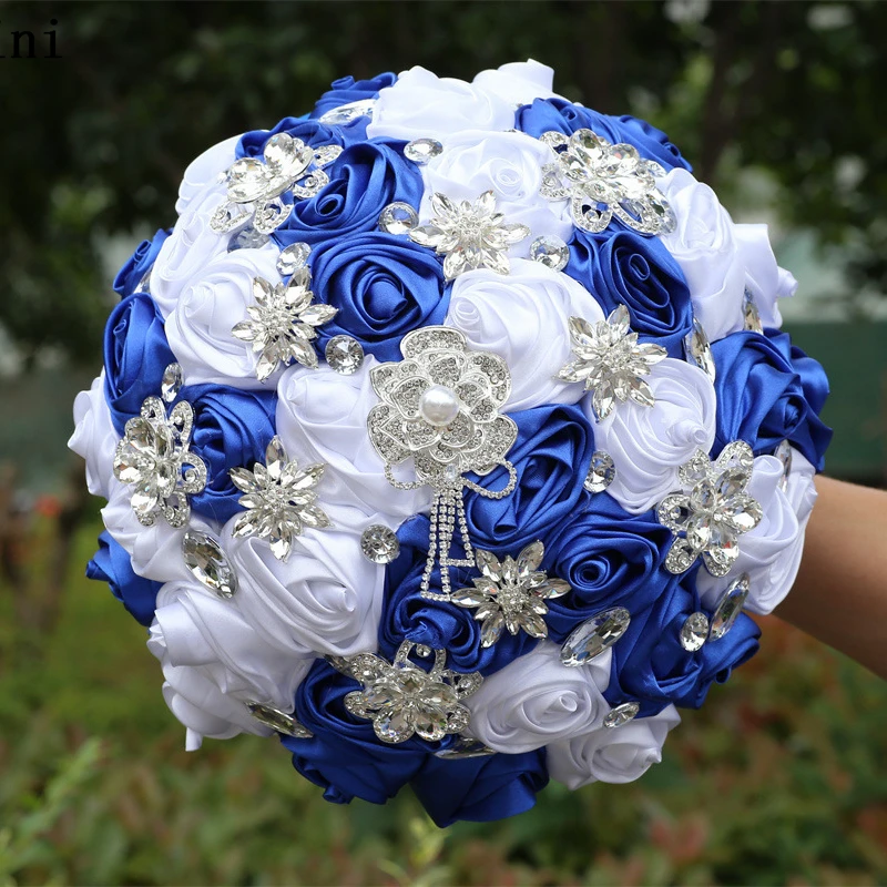 

JaneVini Luxury Silver Diamond Royal Blue Bridal Bouquets Artificial Satin Roses Crystals Wedding Fake Flower Bouquet for Bride