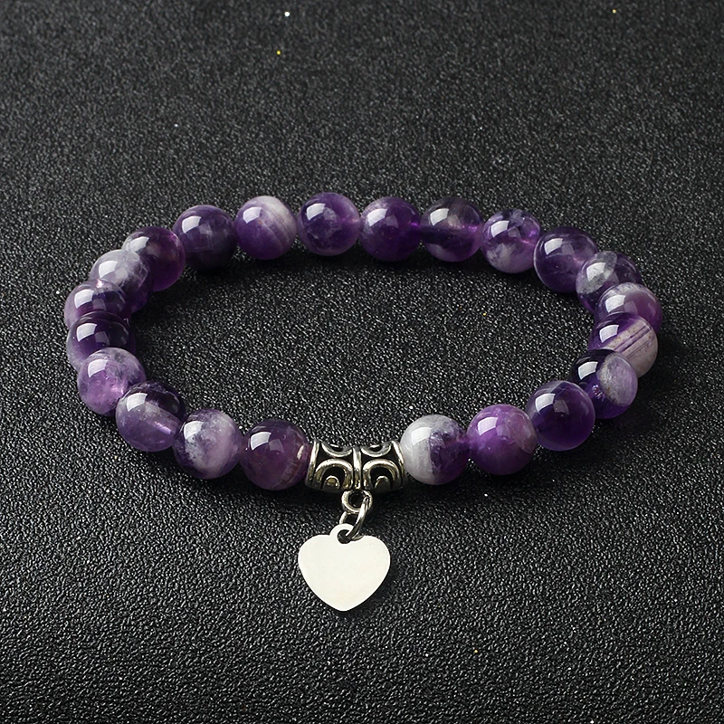 

Original Amethyst Heart Charm Bracelets Women 316L Stainless Steel Pendant Bracelets Nature Stone Beaded Couple Jewelry Pulsera