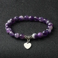 Original Amethyst Heart Charm Bracelets Women 316L Stainless Steel Pendant Bracelets Nature Stone Beaded Couple Jewelry Pulsera