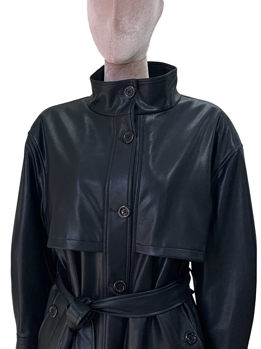 Trench da donna in morbida pelle PU nera antivento primavera autunno per donna con colletto alla coreana allentato casual di lusso moda passerella 2025
