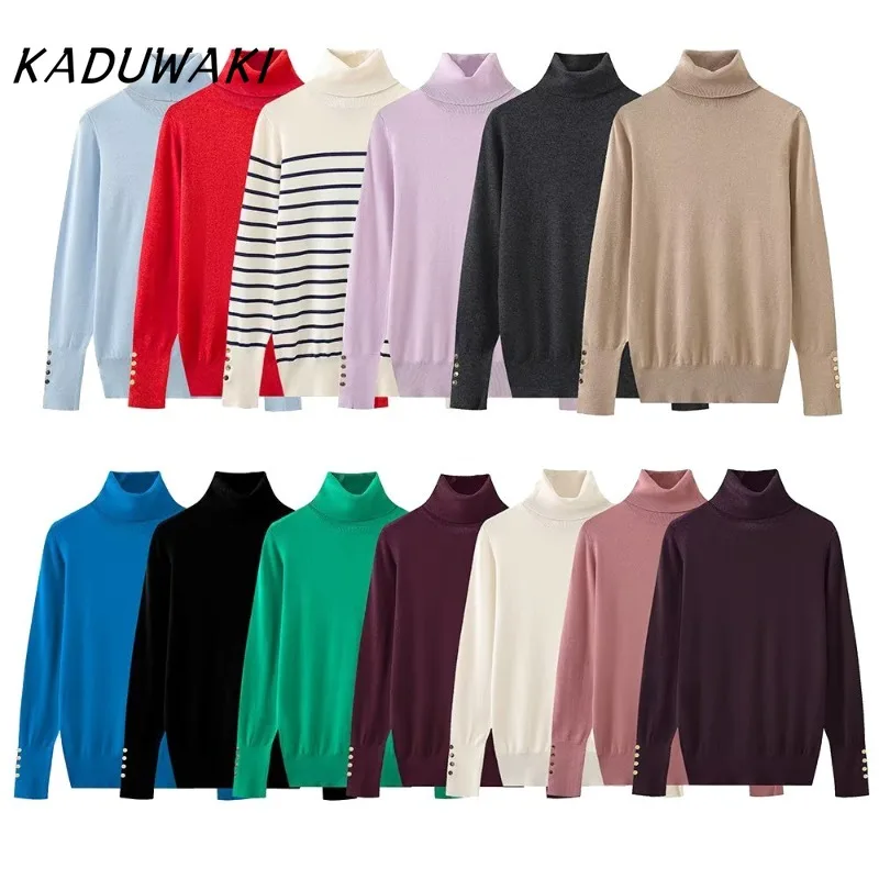 

KADUWAKI Women's Basic Sweater Knitted Sweater High Collar Long Sleeve Decoration Spring/Summer New Women's Pullovers 여성 반팔 니트