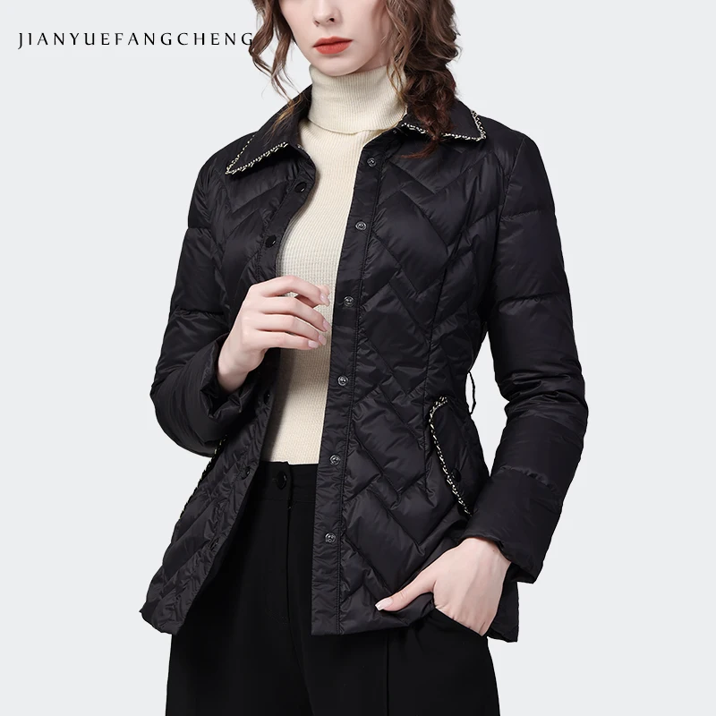 Women Winter Black Slim Short Down Jacket Pointed Collar Beads Deco Warm Lightweight Duck Down Padding Coat With Detachable Belt