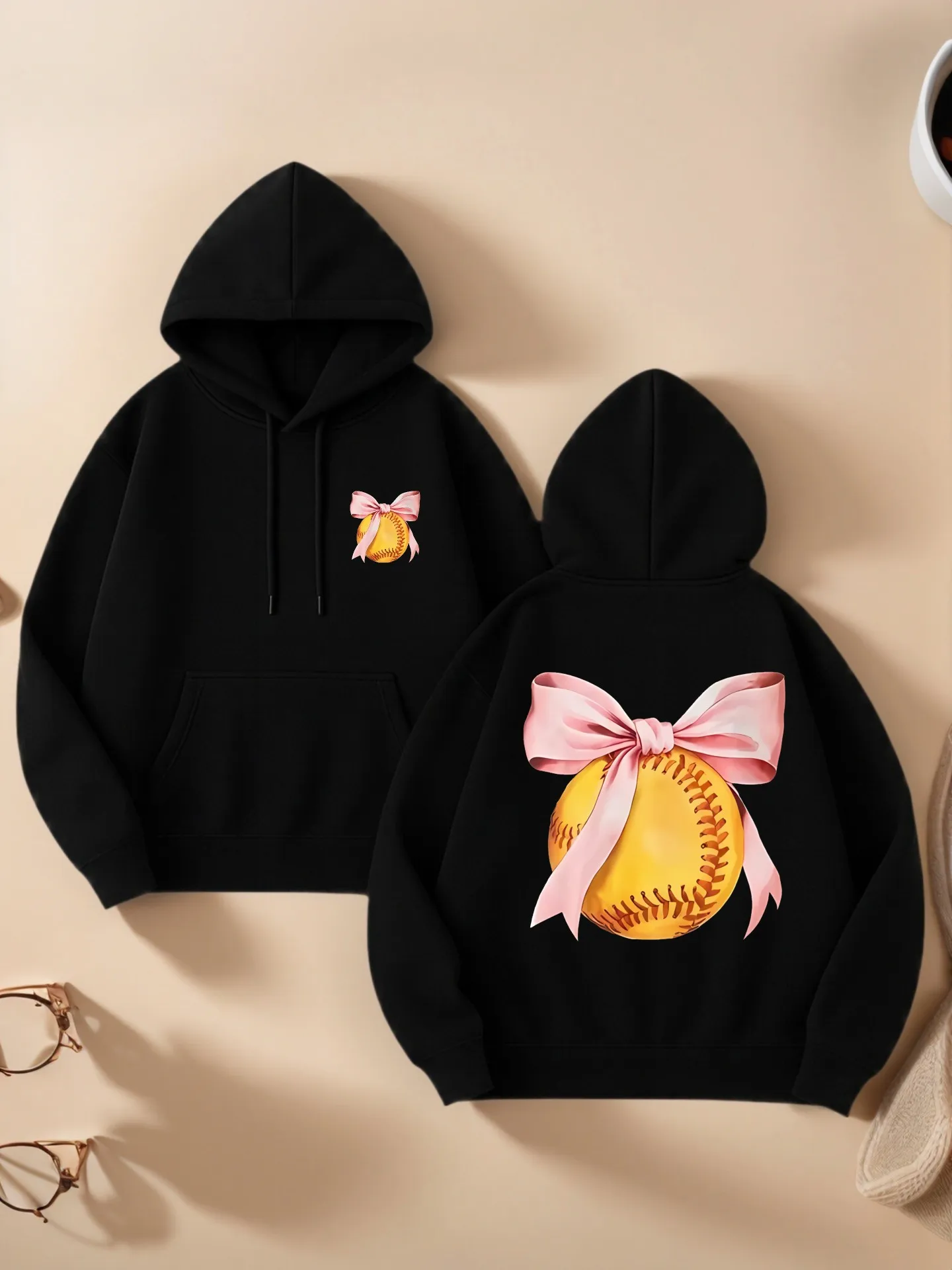 

Женская толстовка с капюшоном, Soft Girl Aesthetic, бейсбол с графическим принтом и бантом, повседневная повседневная одежда, мягкая ткань, для молодых женщин