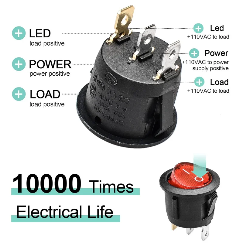 10Pcs Led Switch 20A 12V Light Power Switch Car Button Lights ON/OFF 3Pin Round Snap Rocker Button For Househeld DIY Replacement