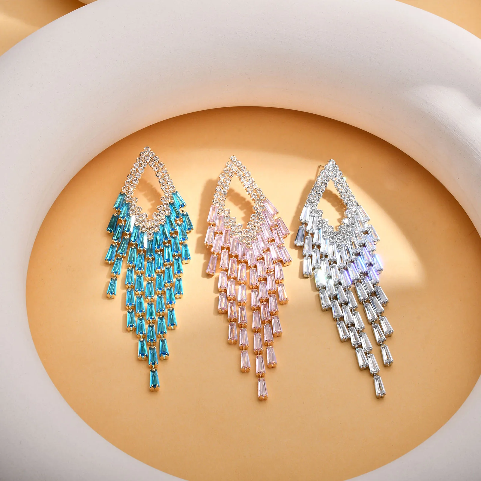 Light Luxury Blingbling Super Flash Long Tassel Earrings, Elegant Geometric Earrings