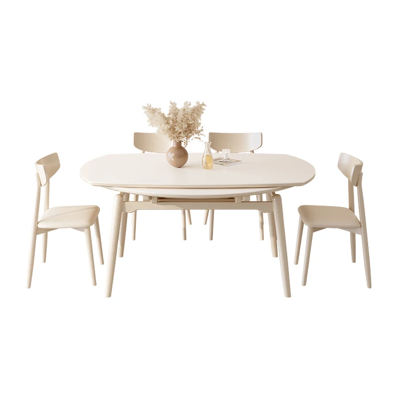 Nordic Luxury Modern Telescopic Foldable Round Marble Solid Wood Dining Table Chair Set 4 6 Seater Space Saver Cream Furniture