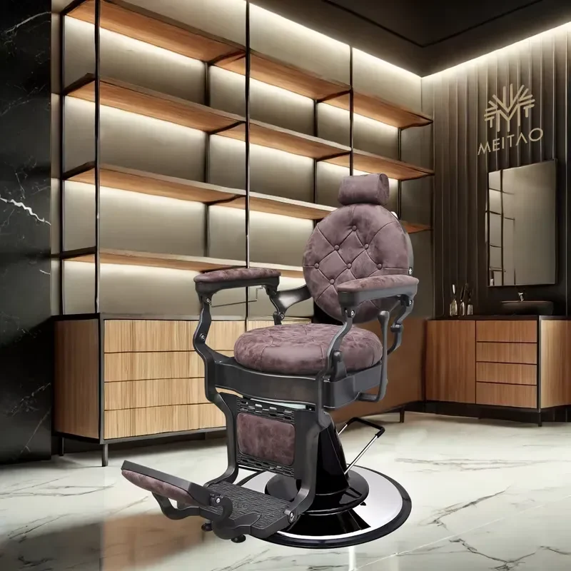 Vintage Hydraulic Reclining Barber Chair Adjustable Footrest Quilted Upholstery Professional Equipment Beauty Furniture