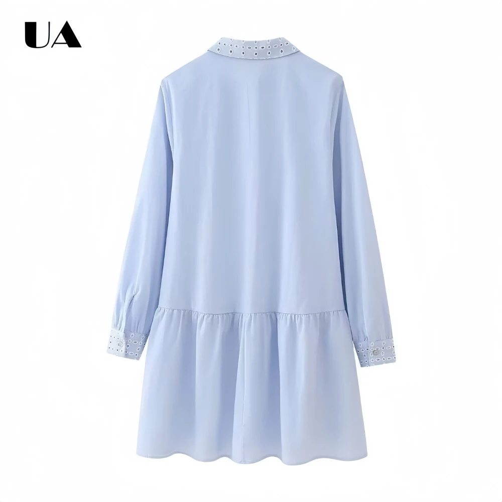 Trendy Loose Hollow Out Mini Dress with Long Sleeves Commuter Style Turn-down Collar Ruched Short Dress Fashionable Button Dress
