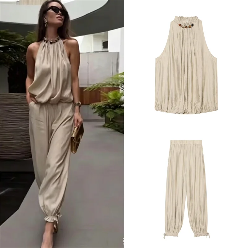 2026 Women Boho 2 Piece Set Bead Halter Top & Drawstring Baggy Pants Summer Outfit