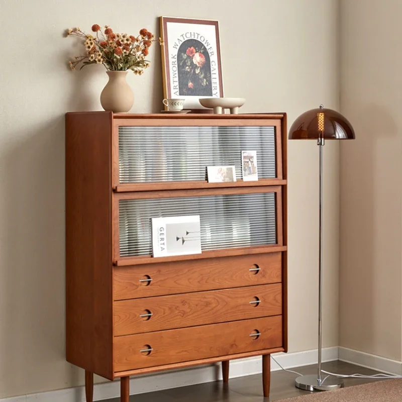 Solid wood dining side chest, cherry wood art wine cabinet, teak color porch drawer, locker