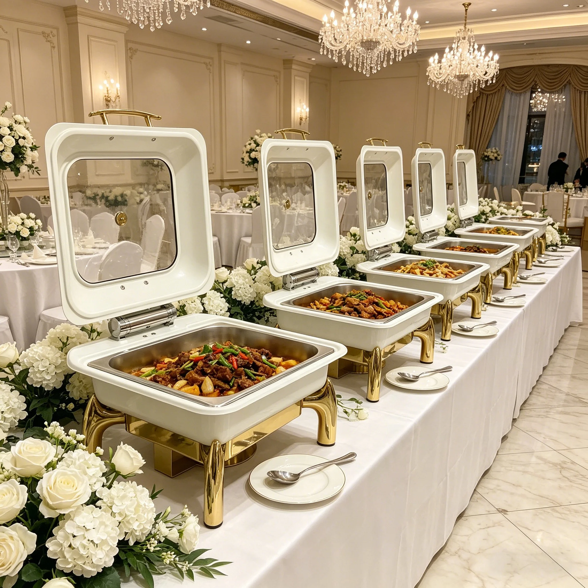 1pcs *Royal White Gold Serving Dishes Chafing Dish Buffet Set Luxury Stainless Steel Hotel Wedding Catering Food Warmer