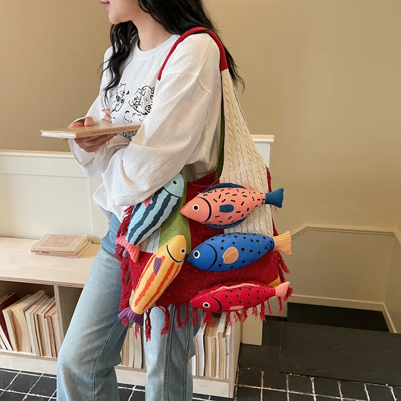 

Candy Color Cartoon Fish Shoulder Bag Soft Knitting Hobos Tote Bags for Women Hollow Tassel Shopper Purses Cute Women's Bag NEW