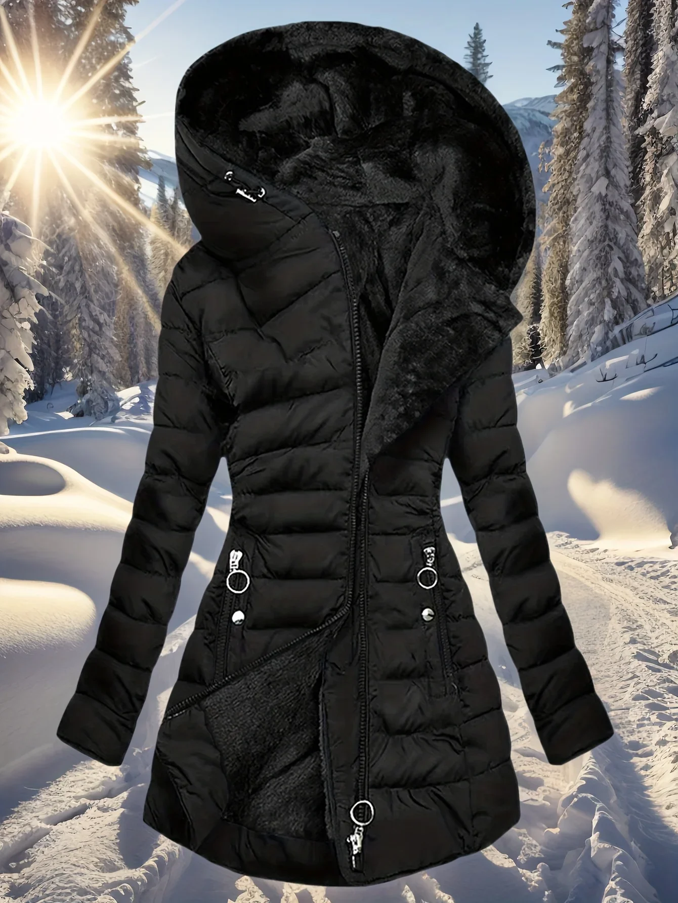 Women with Zippered Fit Long Sleeve Cotton Outerwear Hoode  Directional Warm and Elegant Specialized Cotton Jacket for