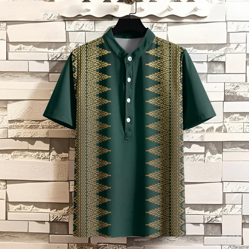 

Retro Striped Pattern Grandpa Shirt For Men Colorful 3D Printed T-Shirts Summer Street Short Sleeve Tee Stand Collar Polo Shirts