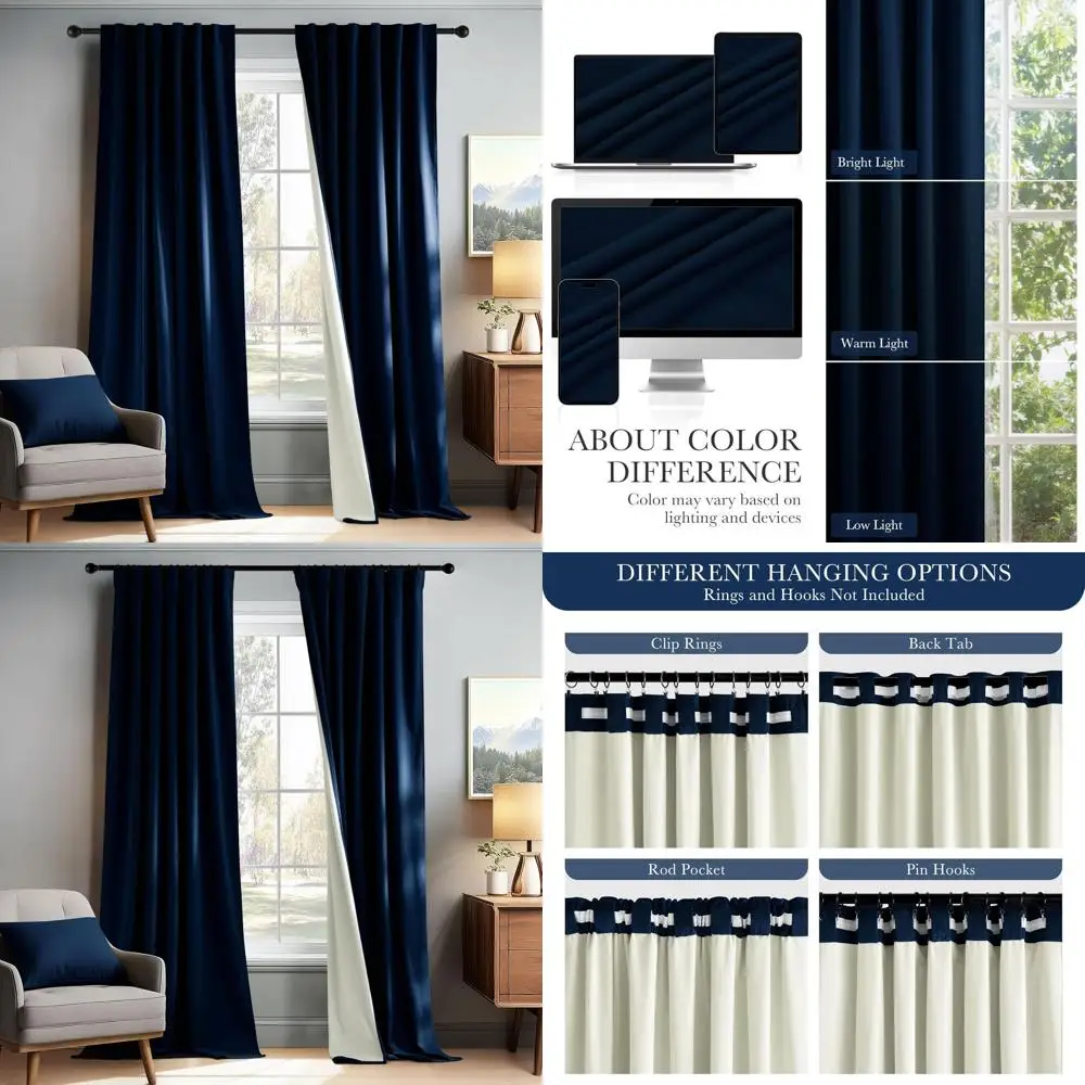 

Термоизолирующие бархатные шторы темно-синего цвета, 96 дюймов в длину, светонепроницаемые, 2 панели, 52 дюйма в ширину