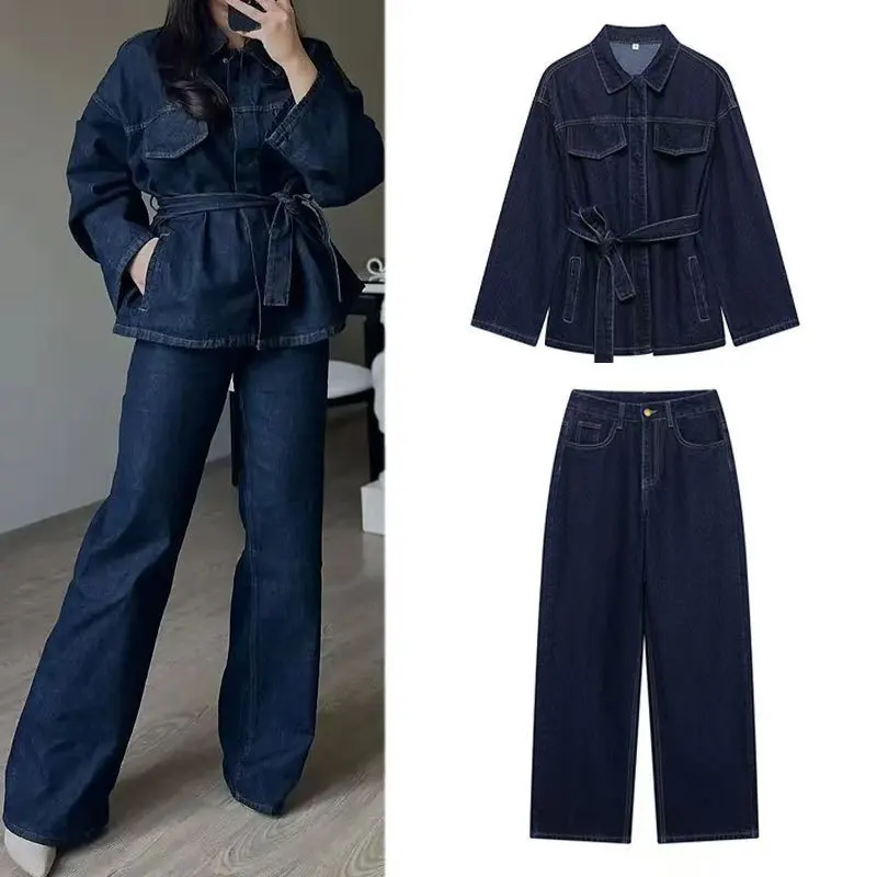 Autumn Winter Denim Suit Women 2-Piece Set Denim Jacket Belt Jeans High-Waist Wide-Leg Pants Denim Shirt Long-Sleeve Buttons
