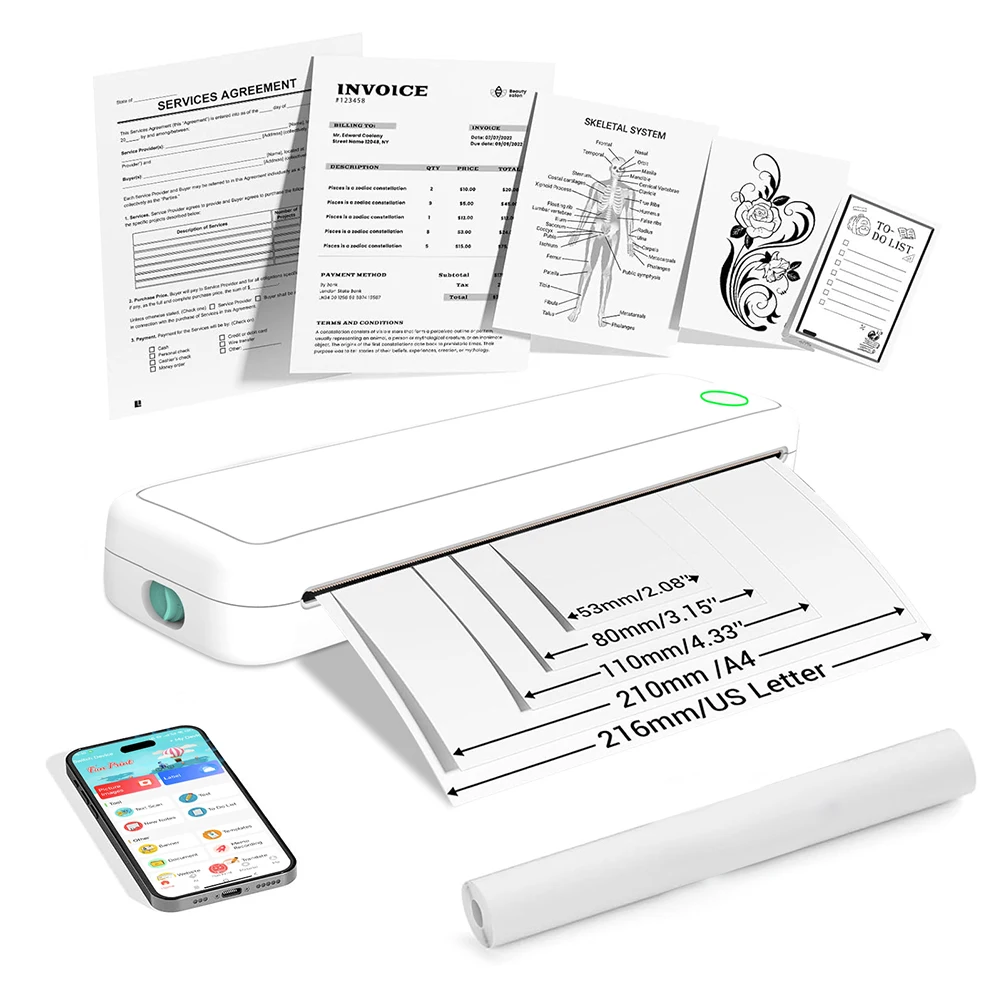 

A4 Portable Thermal Printer with Printing Paper BT Min Portable A4 Label Maker Document Printing Maker Travel and Home Work Use