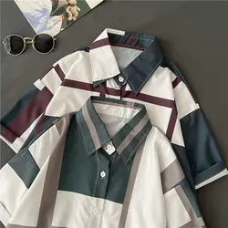 Summer New Vintage Plaid Blouse Polo Neck Short Sleeve Loose All-match Button Trend Shirt Tops Casual Fashion Women Clothing