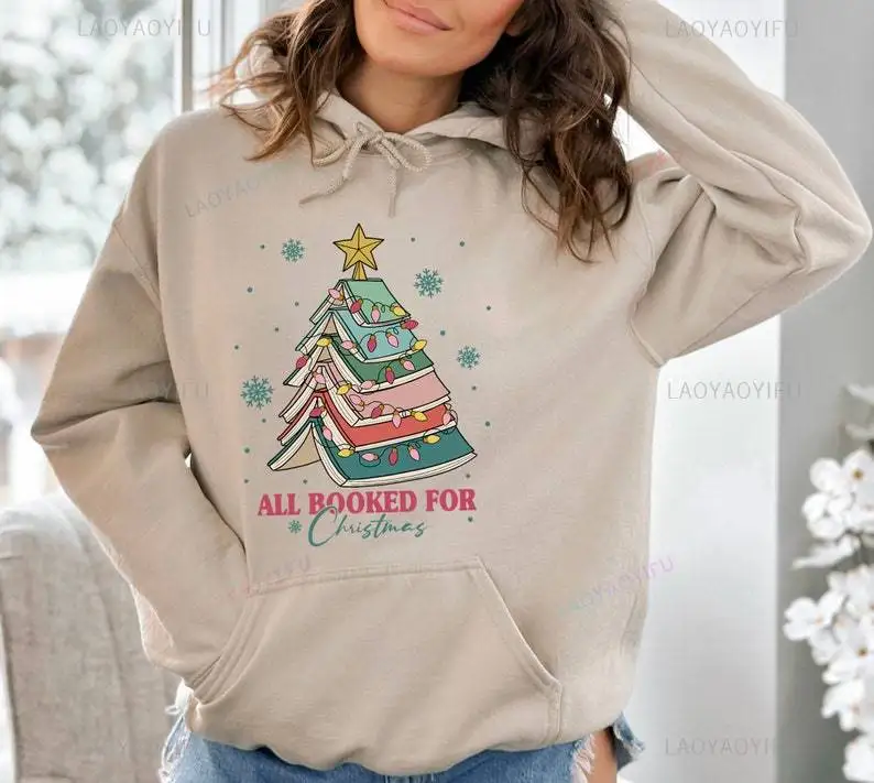 All Booked for Christmas Sweatshirt Bookworm Gift for Teacher Book Tree Gift for Librarian Harajuku Stretchy Printed Hoodie