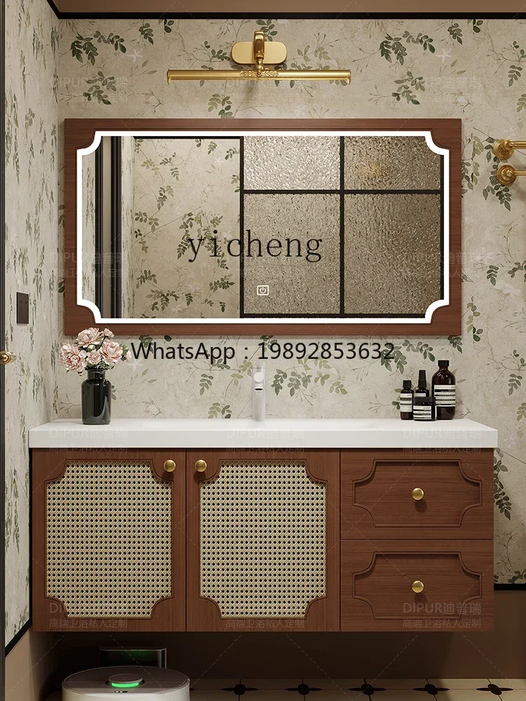 XX  Ancient Style Retro Bathroom Cabinet Combination Rattan Bathroom Table Corian Stone Plate Integrated Ceramic Basin