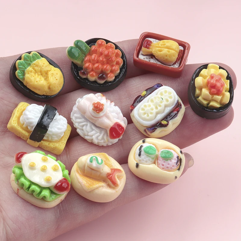 10/100Pcs Miniature Resin Sushi Lunch Cabochons Scrapbooking Phone Decoration Crafts DIY Jewelry Making Dollhouse Accessories