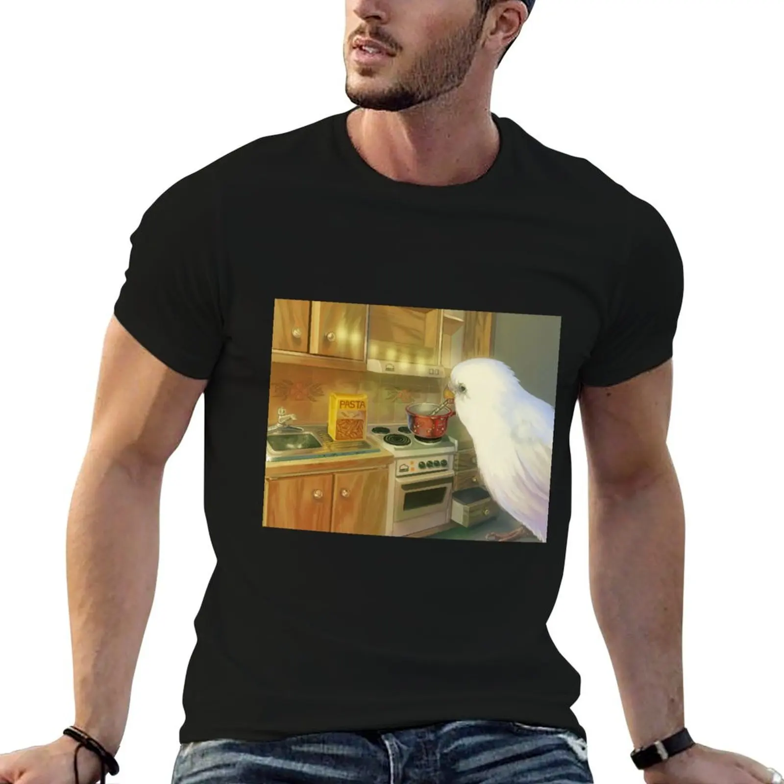 painting of a japanese bird cooking spaghetti T-Shirt anime t shirts Men's t-shirts