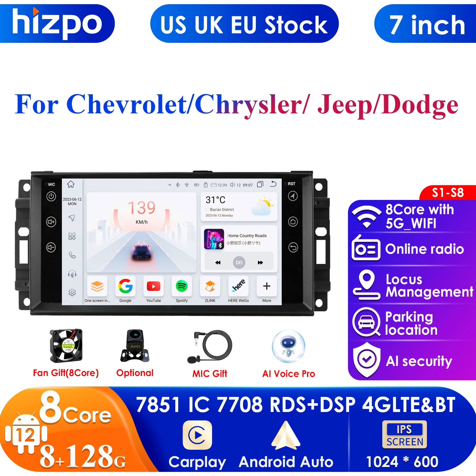 

7Inch 2Din Android 13 Car Radio Multimedia Video Player for Jeep Grand Cherokee Dodge Chrysler Wrangler Navigation GPS Carplay