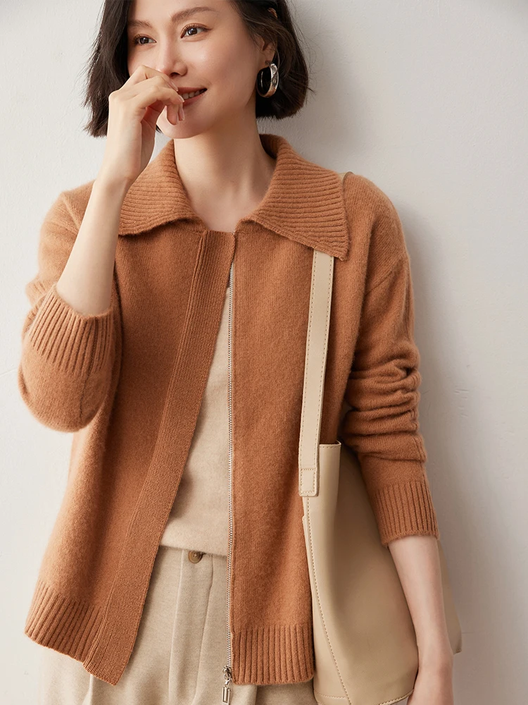 

Spring Autumn 100% Cashmere Women Zipper Cardigan Sweaters High Quality POLO Collar Long Sleeve Knitwear Office Lady Shirt Tops