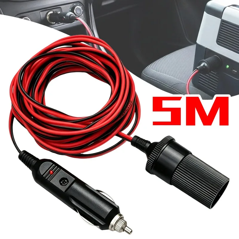 12V Car Cigarette Lighter Extension Cable 5M Male Female Socket Power Wire 10A Fuse LED Light for Truck Dash Cam Vacuum Pumps
