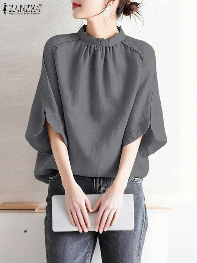 

Винтажная блузка с воротником-стойкой, женские однотонные элегантные рабочие топы ZANZEA 2025, весенние плиссированные блузки, повседневные свободные топы с рукавами 3/4