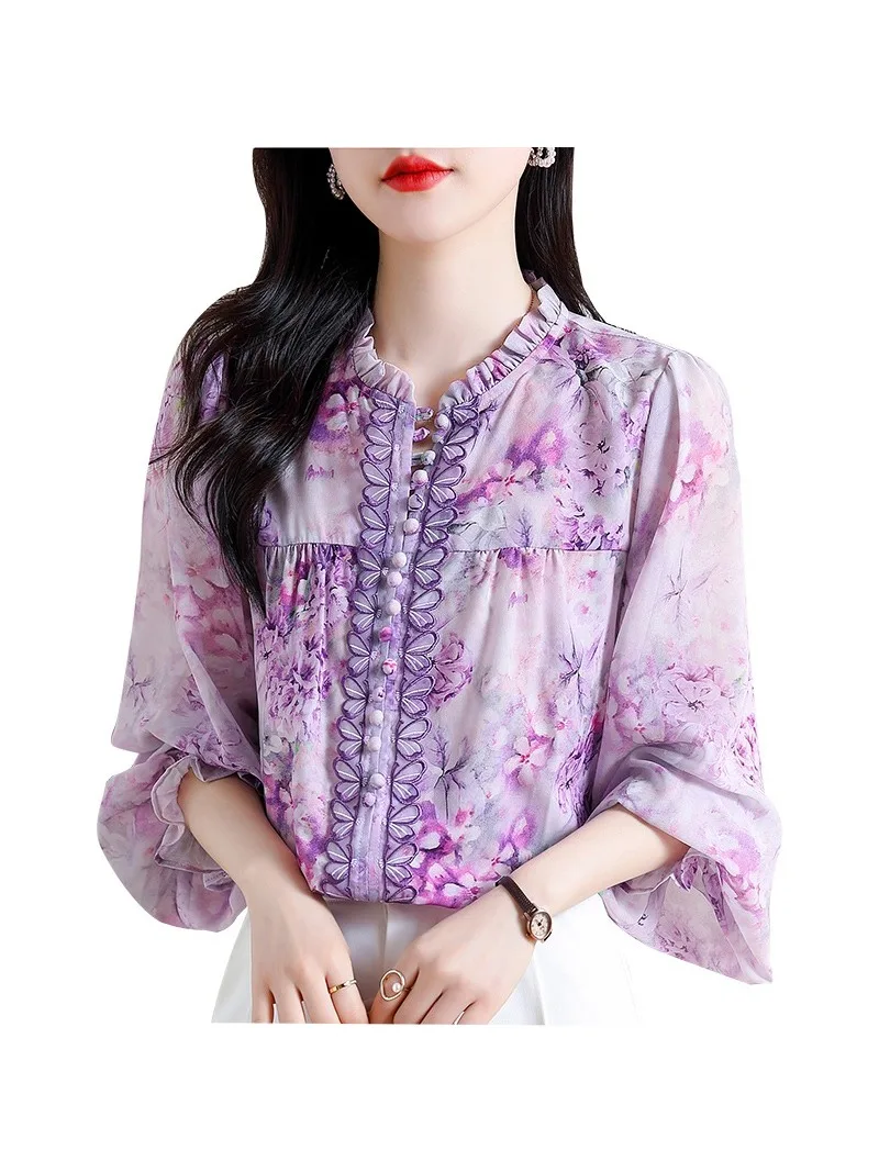 Women\'s Fashionable and Versatile Chiffon Shirt High-end and Thin Style Temperament Printed Lantern Long Sleeved Shirt