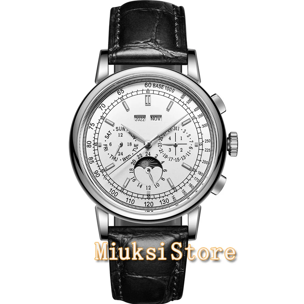 42mm Watch Custom LOGO Mens Watch Mechanical White Dial 316L Case Moon Phase Calendar WatcMultifunction Leather Strap Automatic