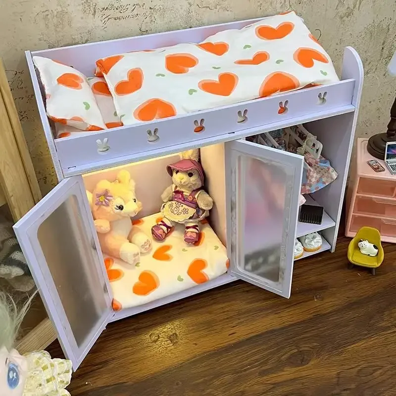 Mini muebles para muñecas, casa de juegos para niños, cama doble de tela de madera, OB11 BJD Doll