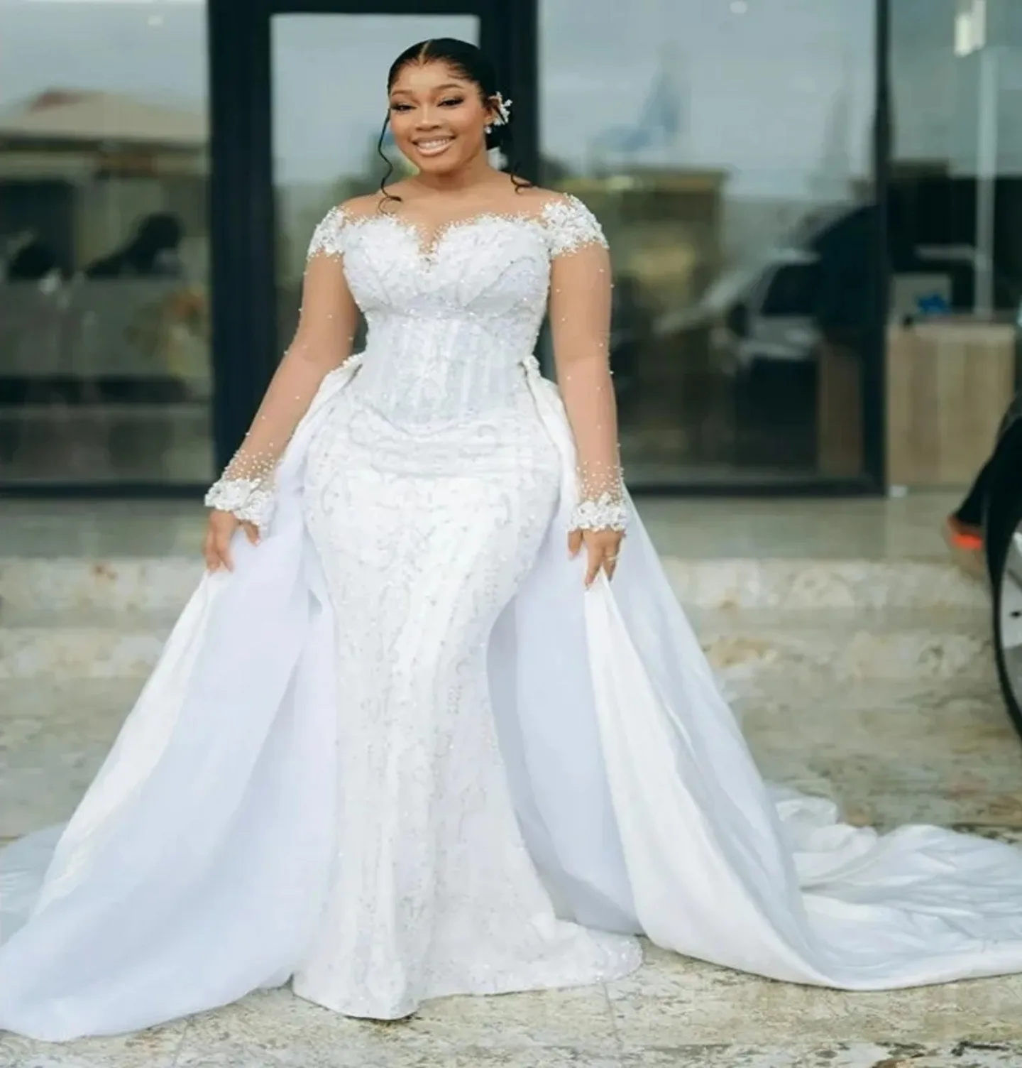 

New Arrival Mermaid Wedding Dress with Detachable Train O-neck Illusion Long Sleeves Beads Bridal Bride Grown Vestidos De Noiva