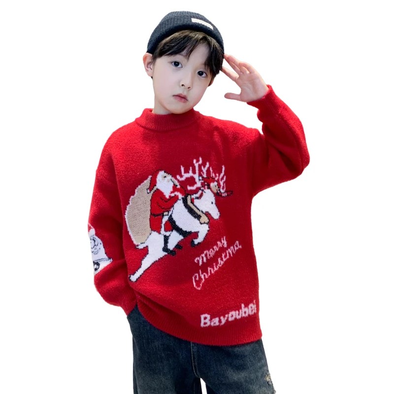 

Red Color Kids Christmas Sweater Costume for Boy Fashion Santa Claus Pattern Knitted Outfit Clothes With Deer Knitwear For Child