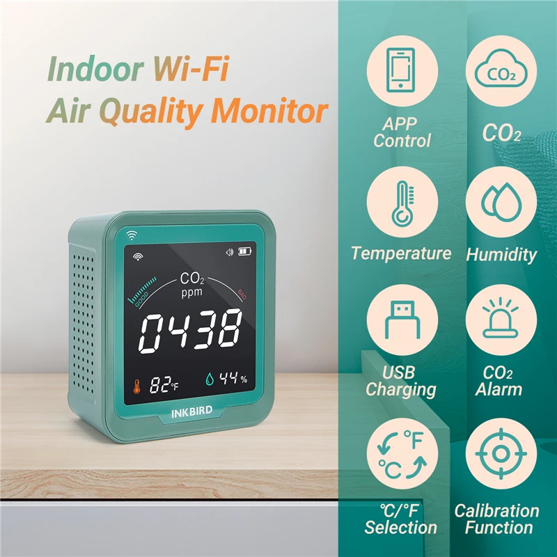 INKBIRD 3In1 CO2 Meter Wi-Fi CO2 Detector Air Quality Monitor With Carbon Dioxide Tester & Temperature & Humidity For Home Green