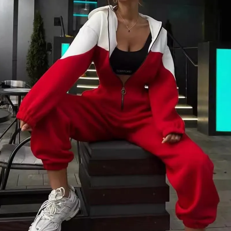 

Зимний комплект из 2 предметов с цветными блоками, толстовка из мягкого флиса с капюшоном и широкие брюки с эластичной резинкой на талии для уютных спортивных нарядов, уличный стиль