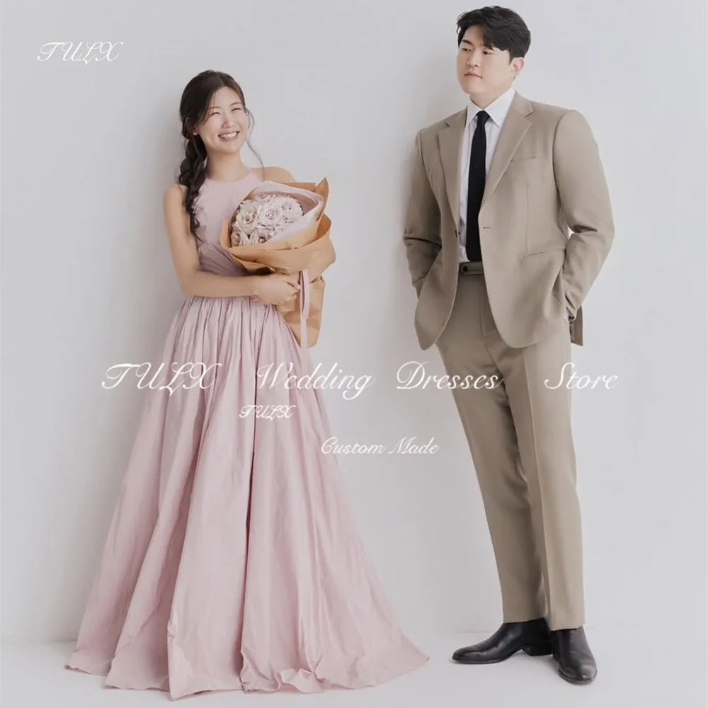 

TULX Fairy Pink Taffeta Evening Dress Korea Wedding Dress Photo Shoot O Neck Sleeveless A line Long Party Dress Customized 2025