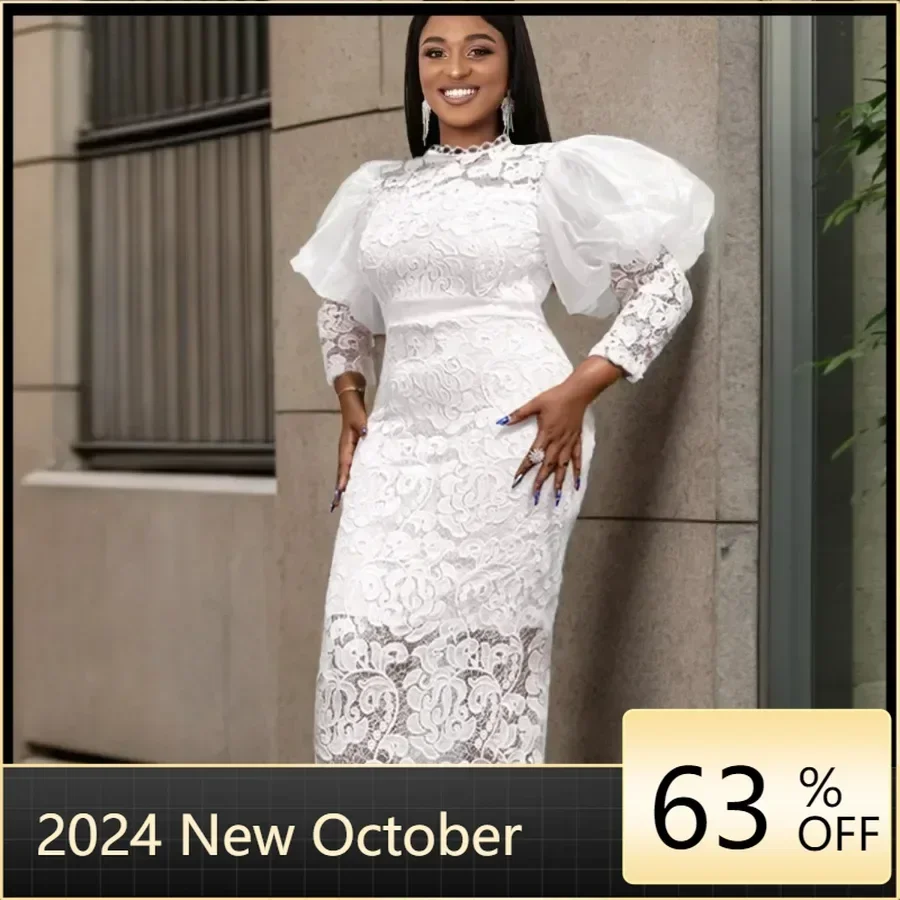 

African Dresses for Women 2024 Autumn 3/4 Sleeve Lace Party Evening Wedding Midi Dress Gowns Dashiki African Clothes Women S-4XL