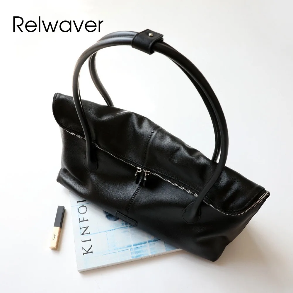 Relwaver women tote bag genuine leather handbags 2024 winter big shoulder bag soft folding zipper black commuting lady hand bag