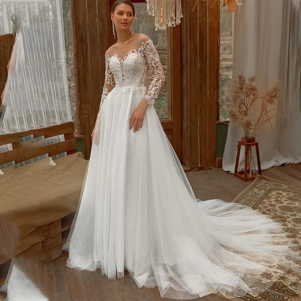 Flavinke Abiti da sposa classici personalizzati da principessa Manica lunga Applicazioni in pizzo Bottoni Sweep Train Brida Abiti da sposa