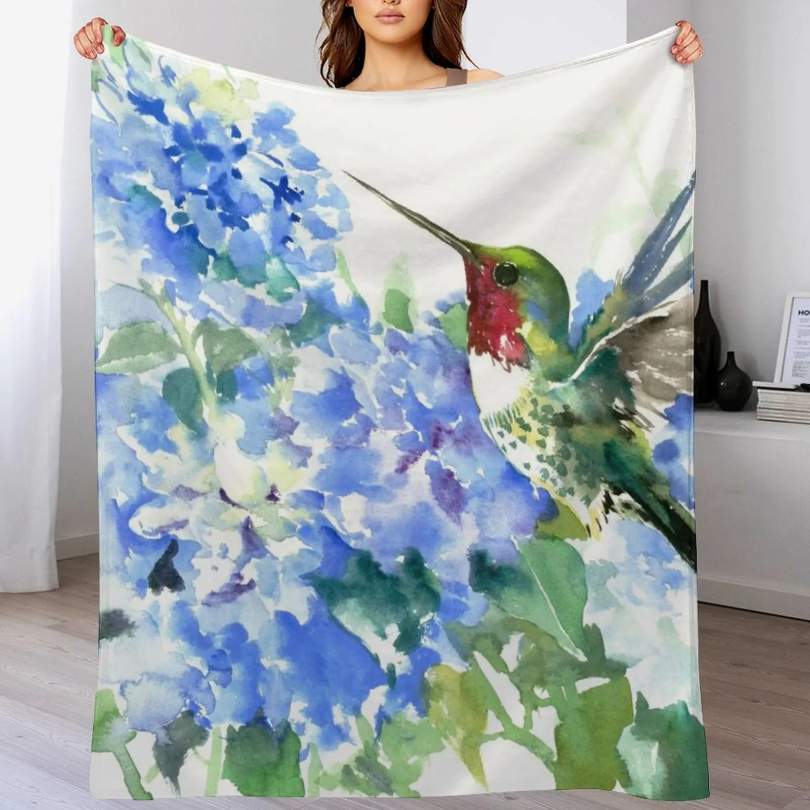 Hydrangea Flowers and Hummingbird Throw Blanket manga Baby Sofa Throw Blankets