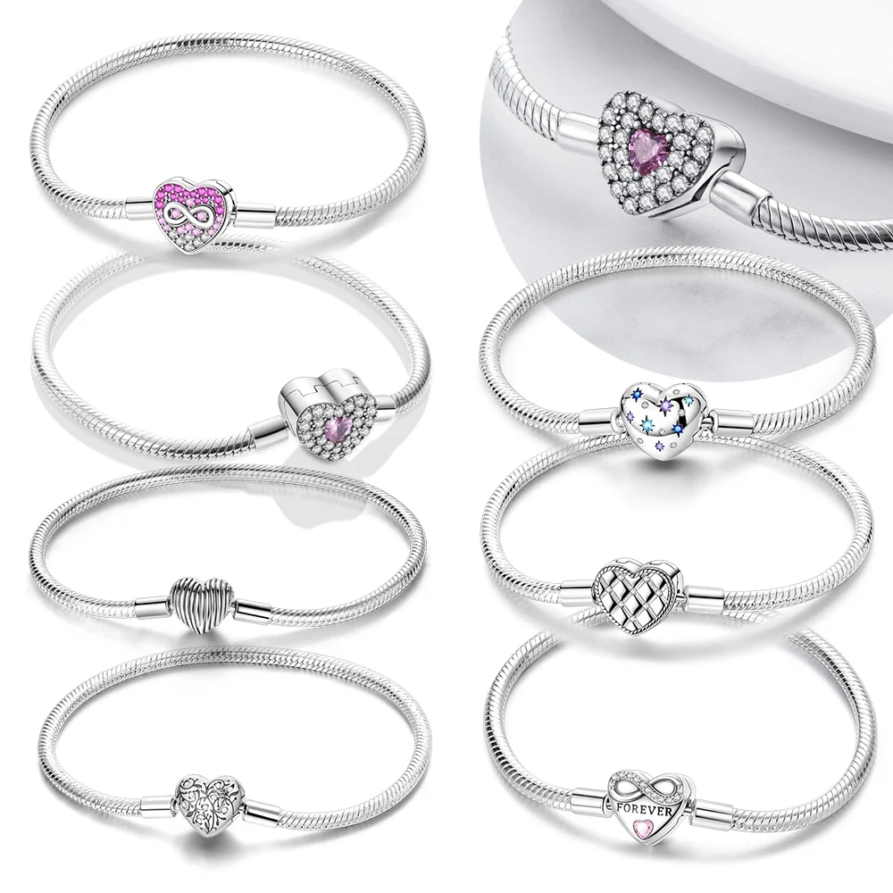 Heart Infinity Crystal Bracelet Original 925 Silver Jewelry Accessory Anniversary Valentine's Gift Shiny Romantic Fashion Style