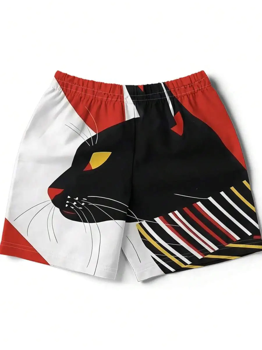 

Mens Swim Trunks With Cat Graphic Print, Relaxed Fit, Beach Shorts