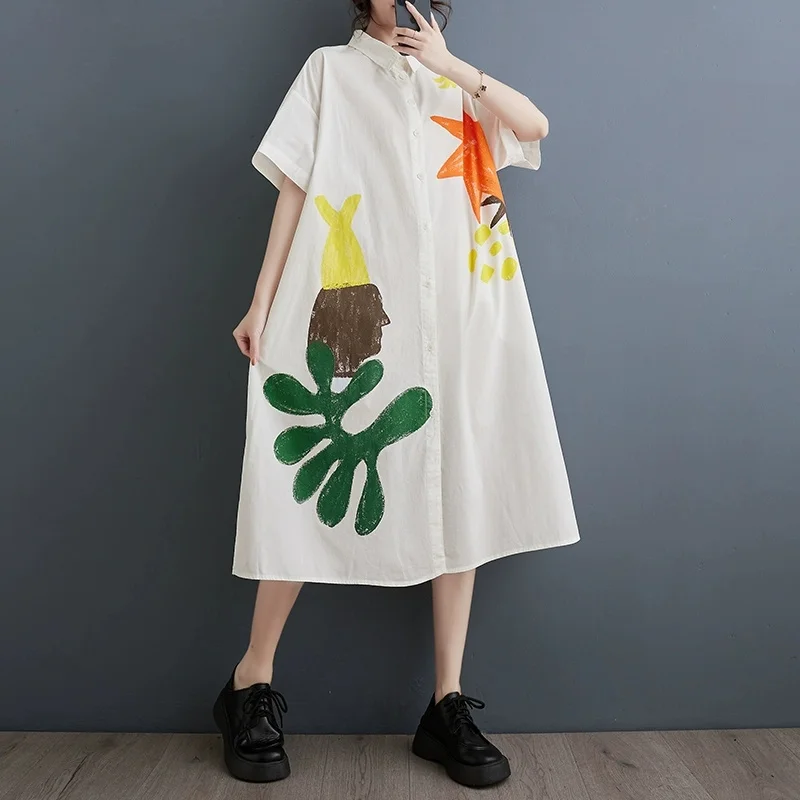 

2025 New Large Size Spring Summer Korean Loose Print Blouse Women Casual Short Sleeved Long Cardigan Shirts Dress Female Blouse