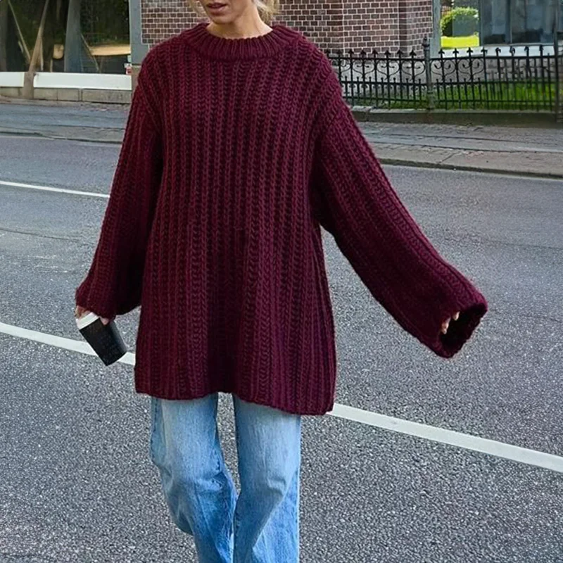 

Women's Burgundy Oversized Sweater Crew Neck Rib-Knit Long Sleeve Loose Fit Pullover
