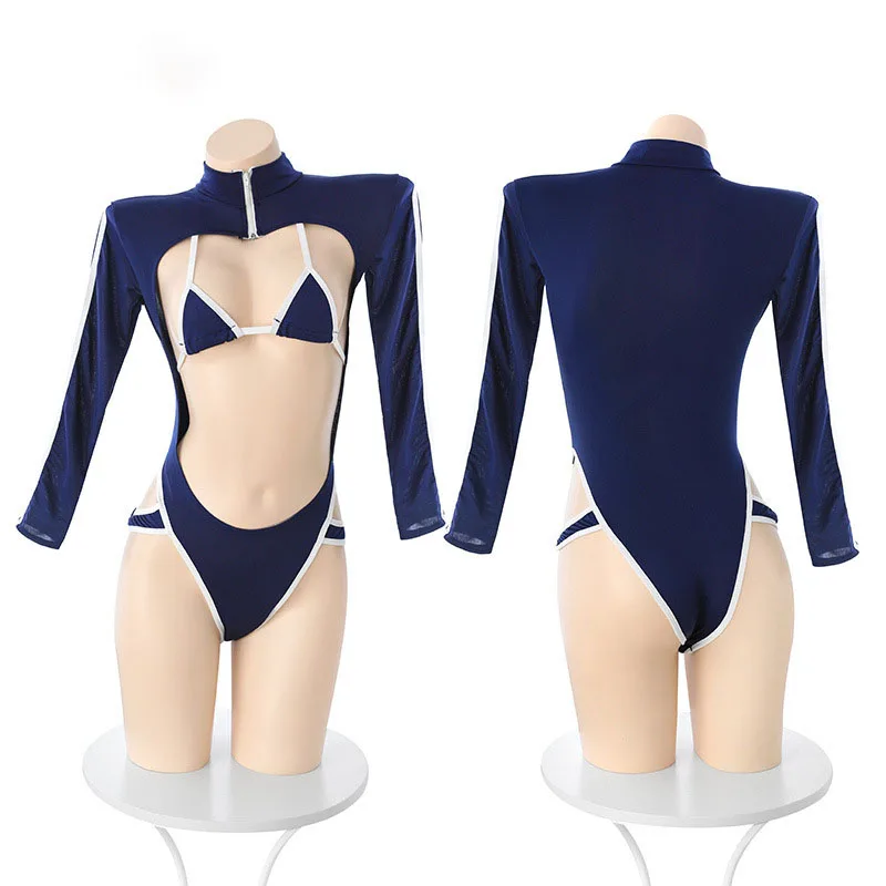 

Summer Fashion Womens Clothing Sweet And Cute Girl Sports Style Striped Round Neck Swimwear Hollow Out School Uniform Cosplay